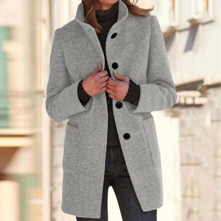 Womens Solid Color Button Up Collar Long Sleeve Jacket Casual Coat Pocket