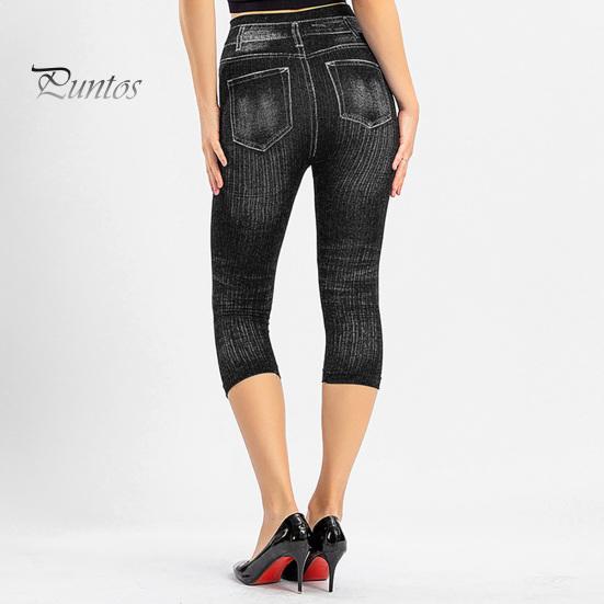 Women Cropped Jeans Slim Fit High Waist Elastic Striped Slimming Button Zipper Closure Mid-calf Length Pockets Casual Commute Trousers