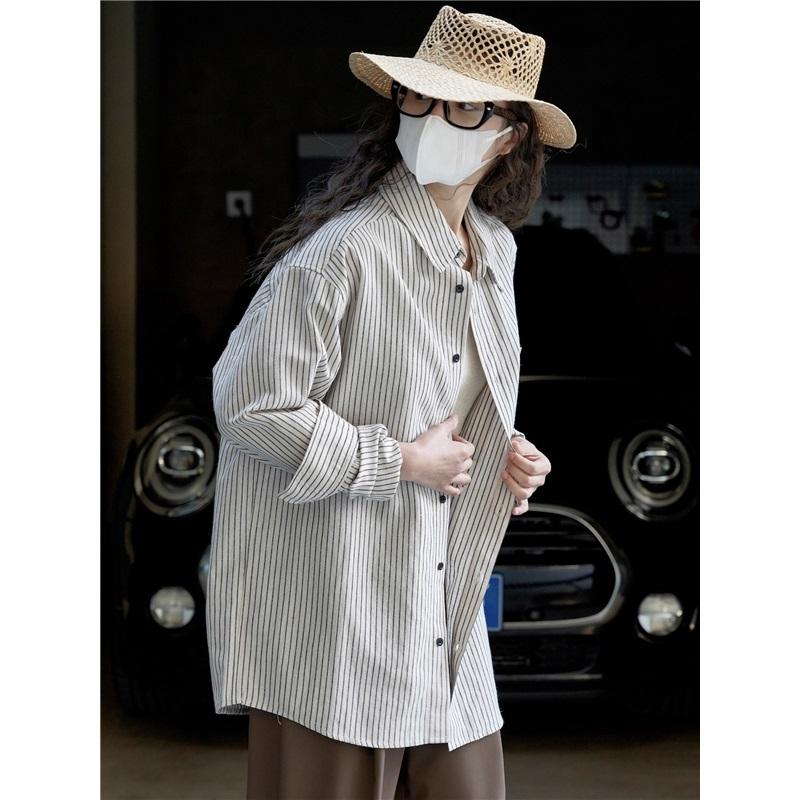 Spring And Summer Fashionable Lazy Linen Striped Shirt Loose Comfortable Breathable Casual Top Women