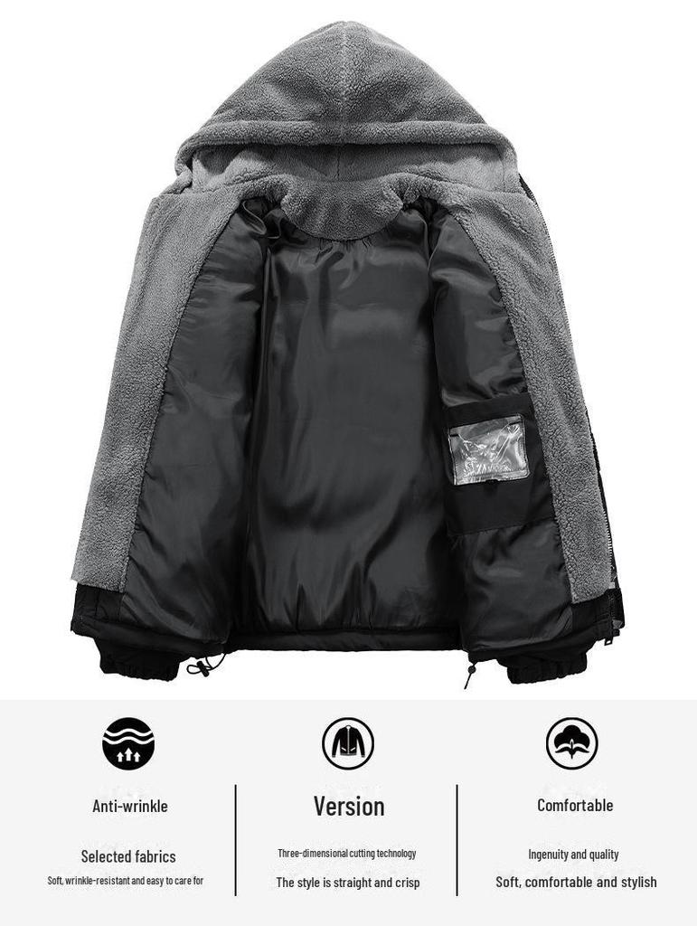 Men's Winter Hooded Faux Two-Piece Fleece Cotton Jacket - Thick and Warm