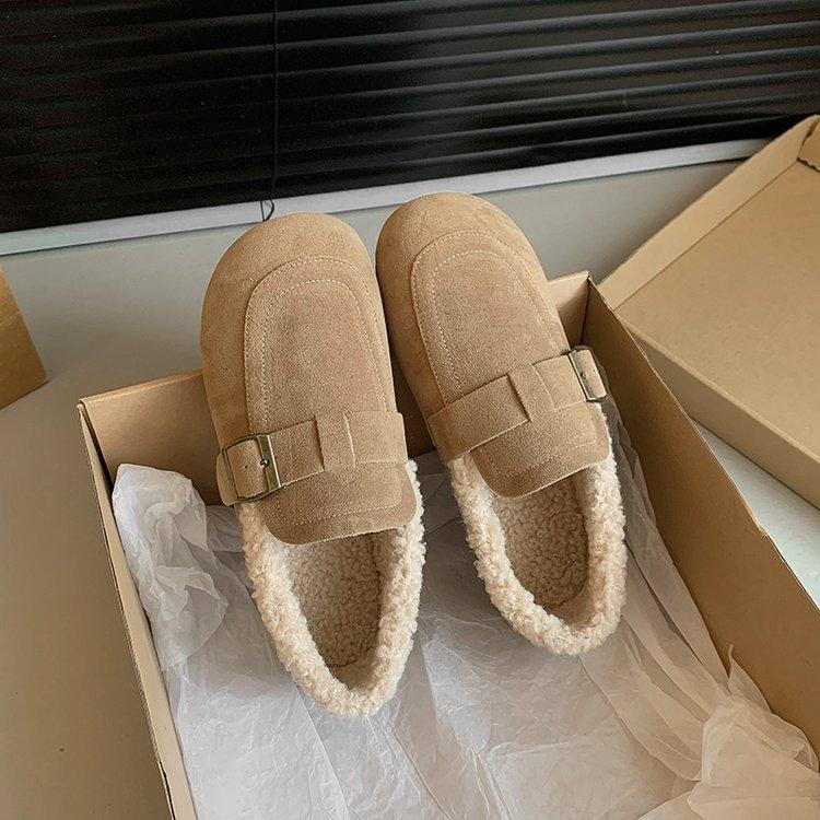 

[Armano] Lamb wool beanie shoes women s autumn and winter velvet single shoes 2025 loafer wool shoes flat heel warm 40