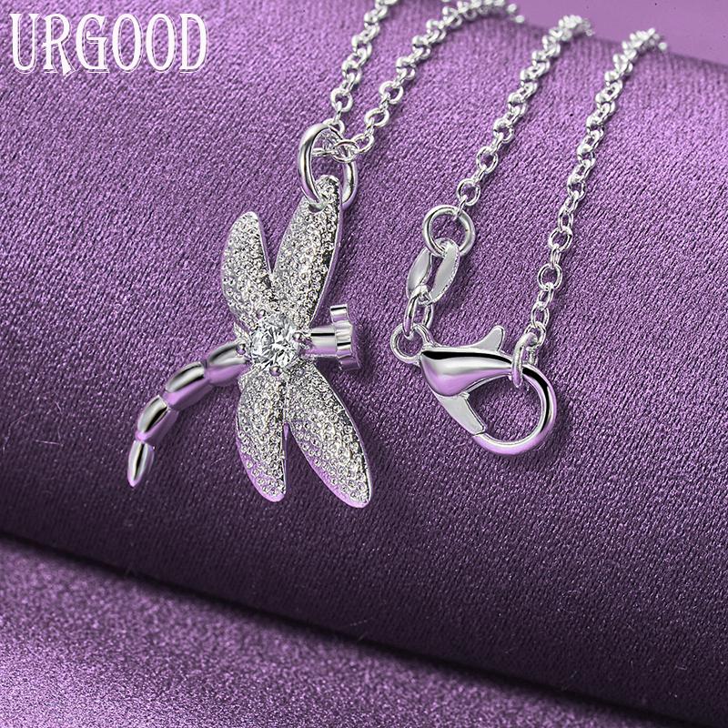 Colar com pingente de zircônia redonda AAA de libélula de prata esterlina 925