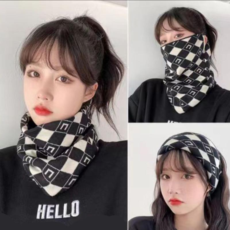 3 In 1 Women Woolen Scarf Winter Warm Neck Protection Collars Knitted Neckerchiefs Solid Plush Hanging Ear Face Covers Headband