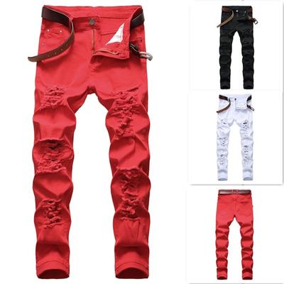 Men's Casual Big Hole Stretch Pants Slim Jeans Men's Multi Hole White Red Black Pants