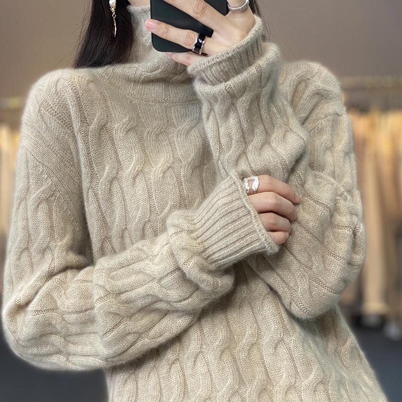 Women's High Neck Loose Cable Knit Sweater, 100% Wool with Cashmere Lining
