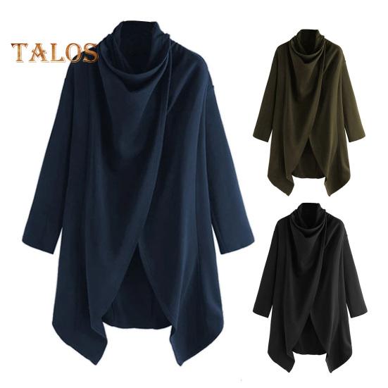 Men Cloak Coat High Collar Long Sleeve Street Style Windbreaker Solid Color Irregular Hem Mid-Length Outwear Punk Style Winter Outerwear