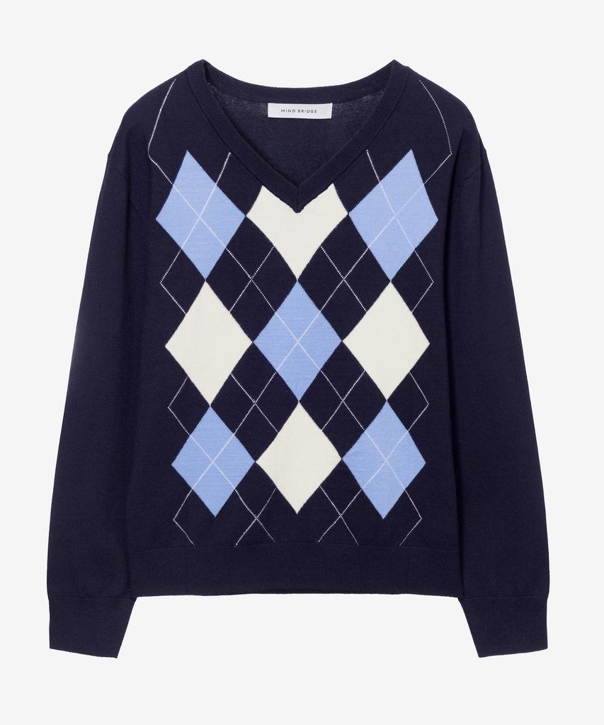 MIND BRIDGE WOMEN [W] V-Neck Argyle Oversized Knit - 2 Colors