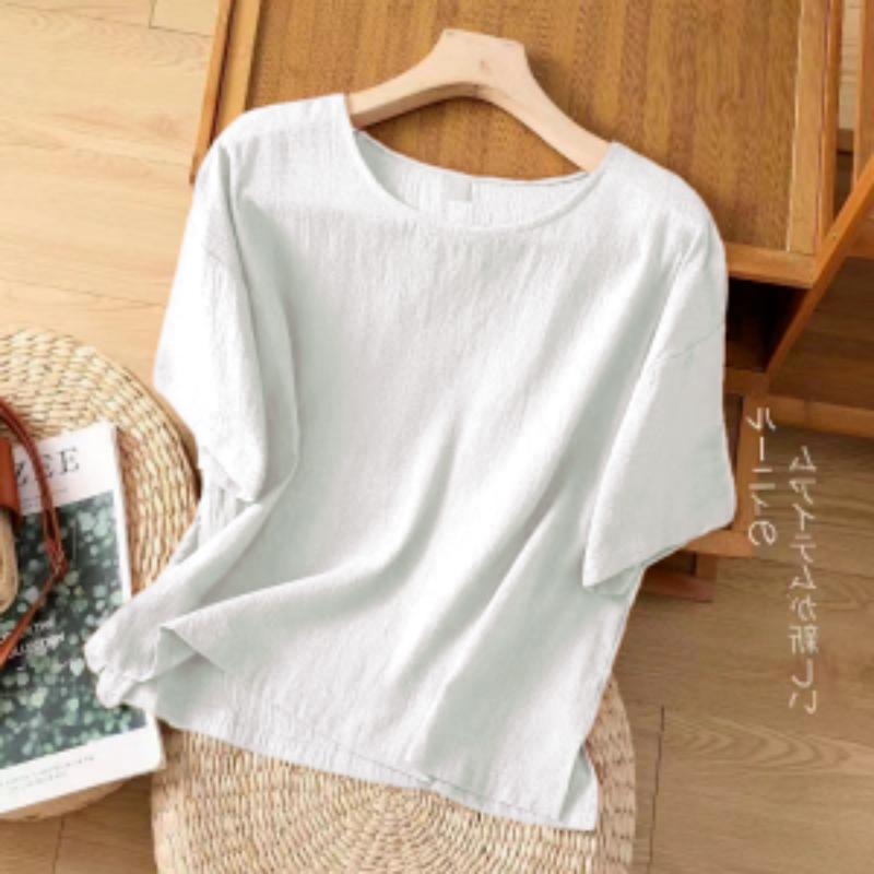 Women's Linen Oversized Short-Sleeve Top Loose Fit Solid Color Casual Blouse