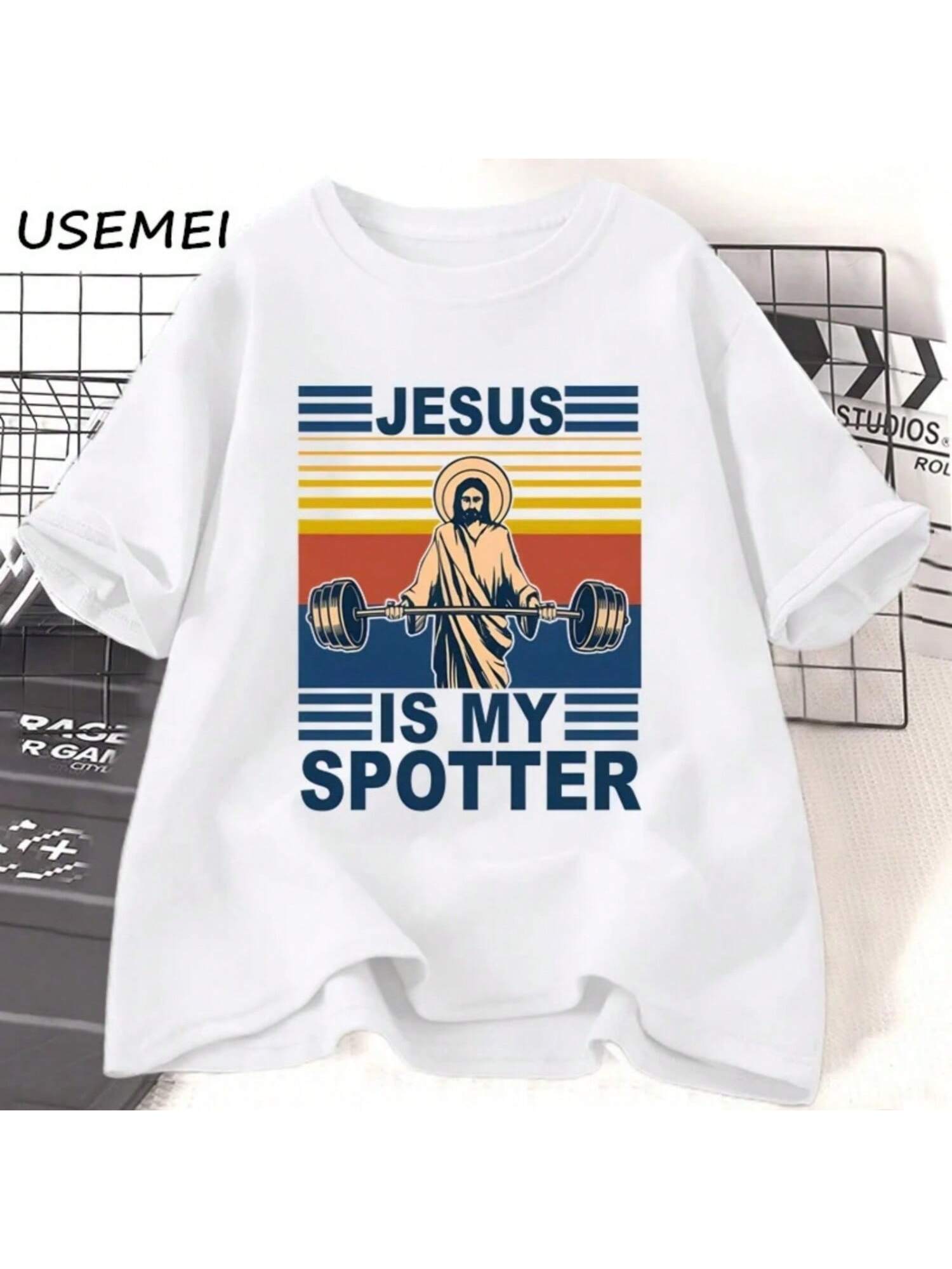 Fitness Jesus Is My Spotter T-Shirt Men Casual Vintage Religious Faith Gym T Shirt Christian Funny Faith Tshirt Cotton Clothes S разноцветный