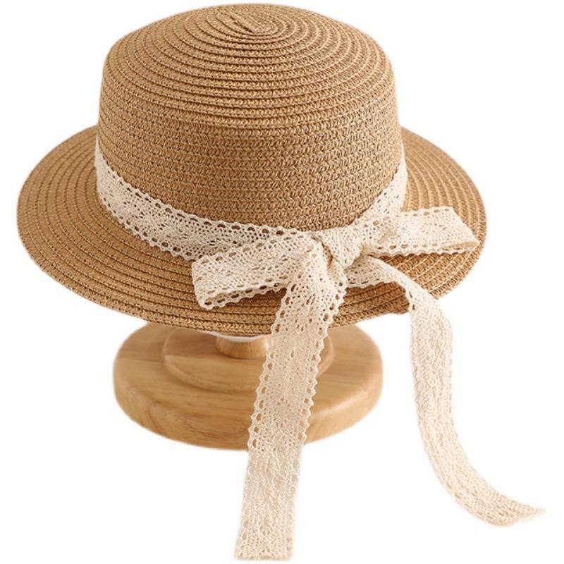 Internet celebrity lace bow straw hat baby sun hat girls beach hat British tide top hat flat top sun hat