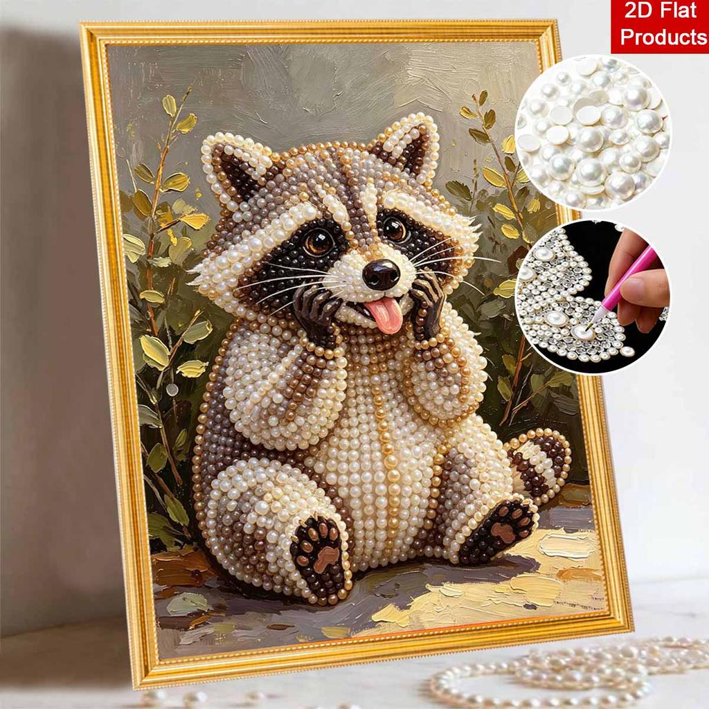 Sparkling Pearl Painting On Stretched Frame Cute Baby Raccoon DIY Bead Art Canvas Relaxing Hobby Gift for Craft Lovers Creative Wall Decor Art