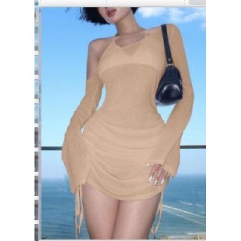 

Korean Style Pure Desire Style Gentle Slant Shoulder Knitting Dress Sexy Sexy Long Sleeves Perspective Strap Bodycon Dress Khaki S