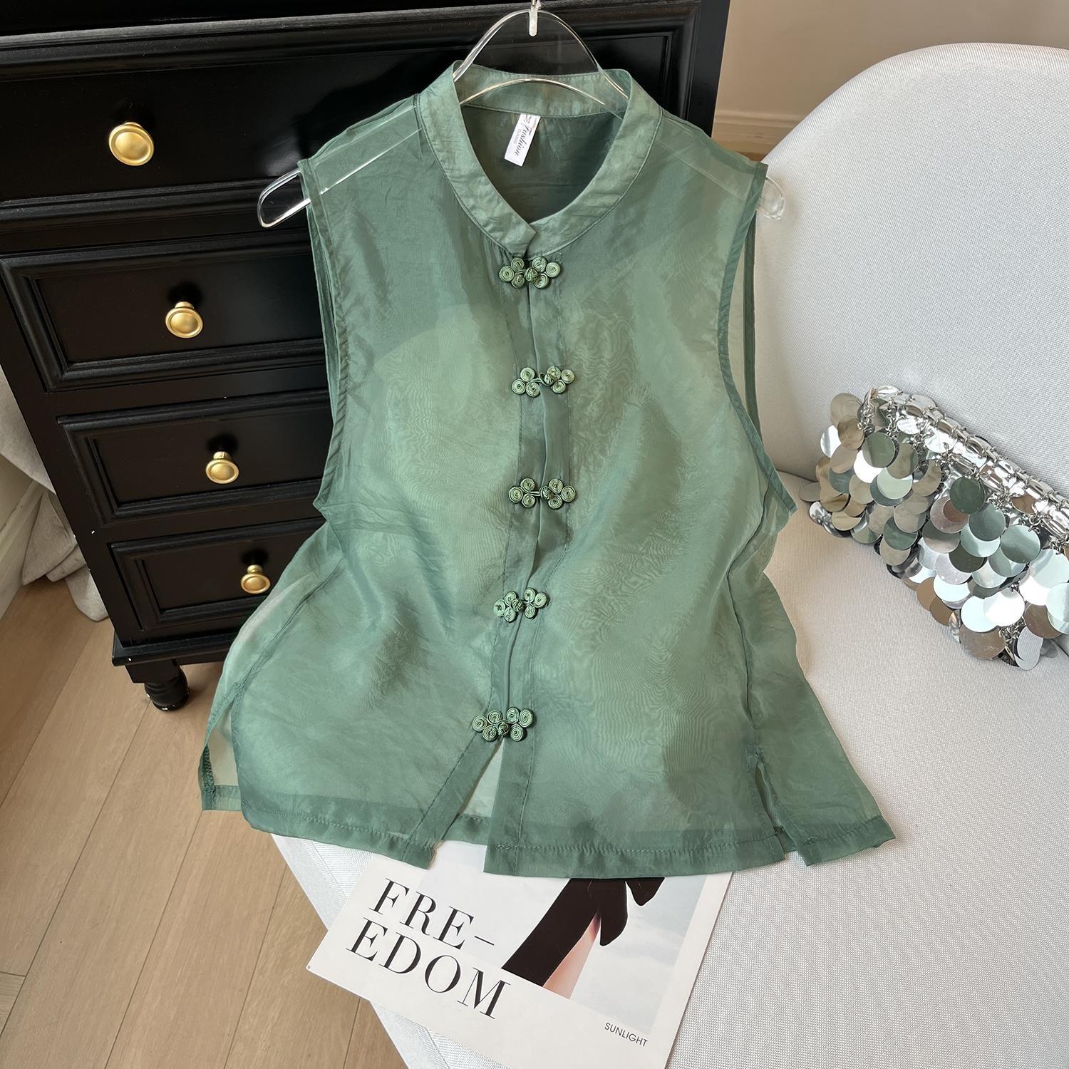 

6585 тонкий зеленый жилет женский летний ретро с пряжкой маленький воротник-стойка свободный без рукавов жилет тренд 3XL ([Recommended 138-75kg])