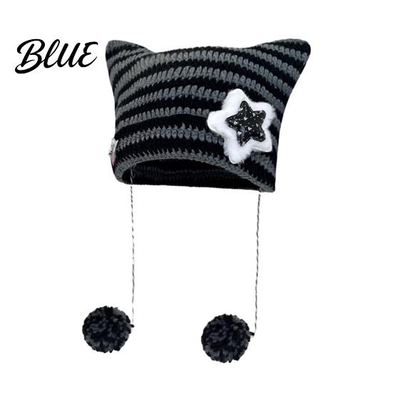 Striped Design Winter Knitted Knitting Ear Hat Style Cat Beanie Japanese Star Print Autumn Plush