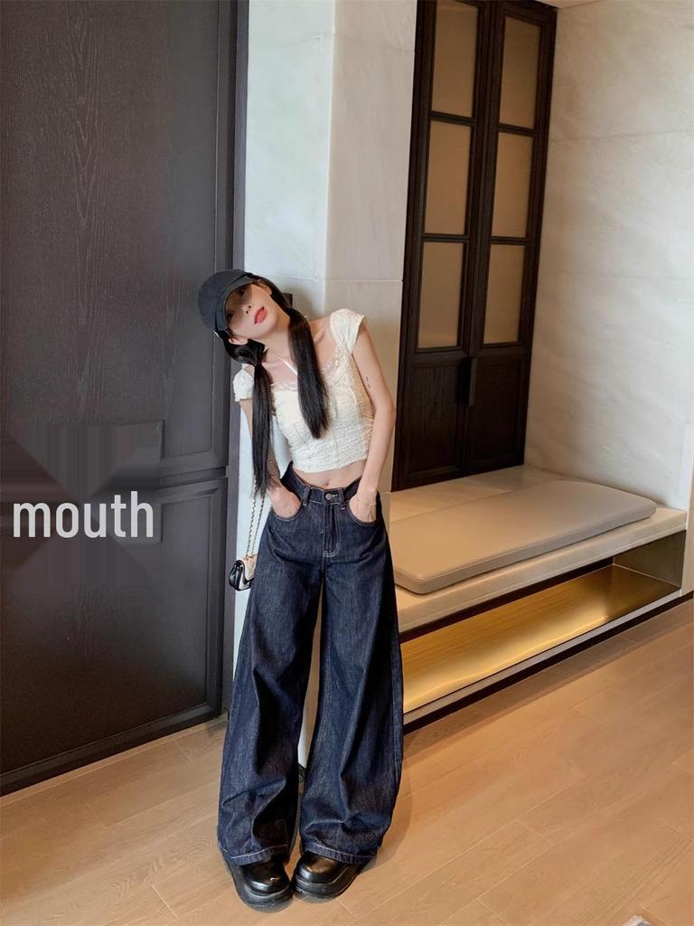 American High Street Women's Wide-Leg Washed Jeans - High Waist, Loose Fit, Floor-Length Autumn Pants