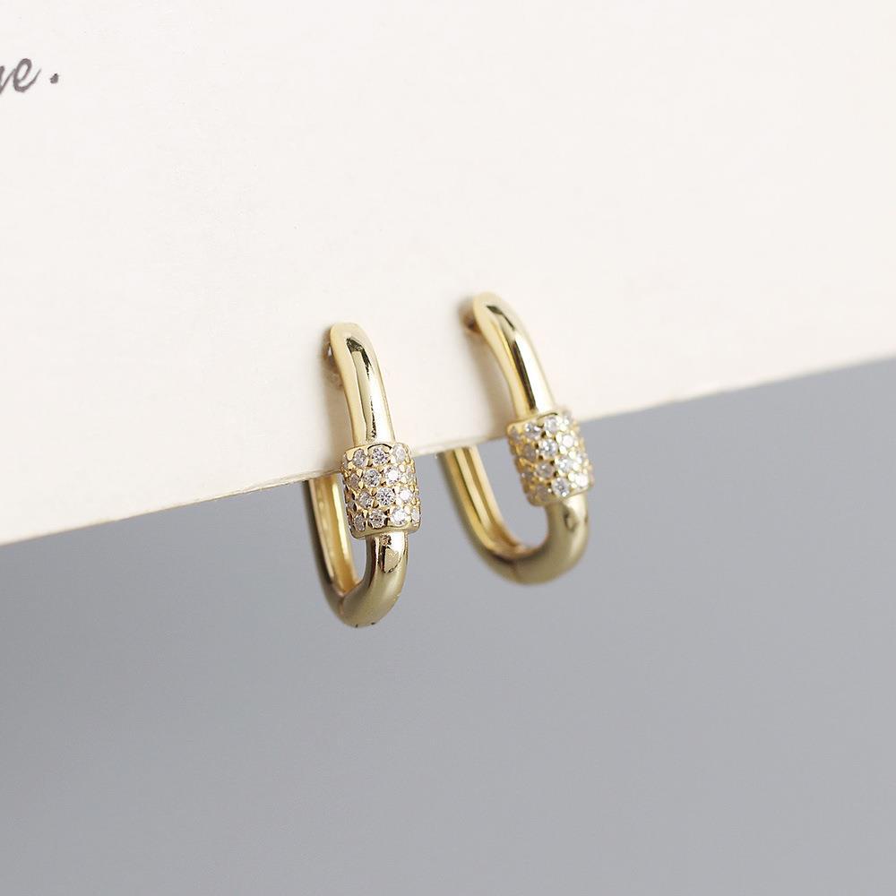 Premium Minimalist Gold Color Geometric Lock-Shaped Zircon Hoop Earrings Women's Personality Banquet Party Anniversary Jewelry