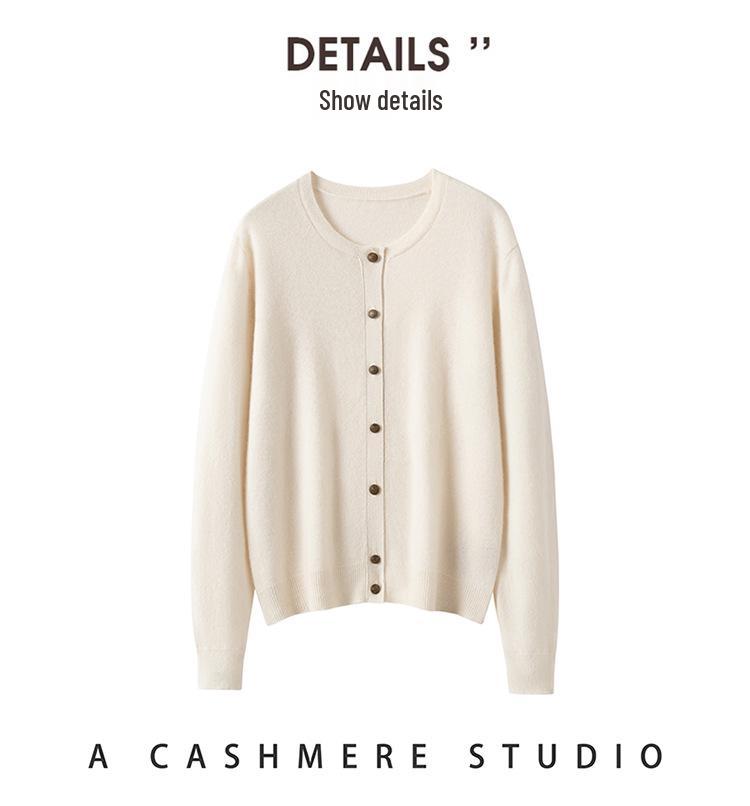 Women's 2026 Autumn/Winter Pure Cashmere Round Neck Cardigan - Single-Breasted, Commuter Style Sweater Jacket