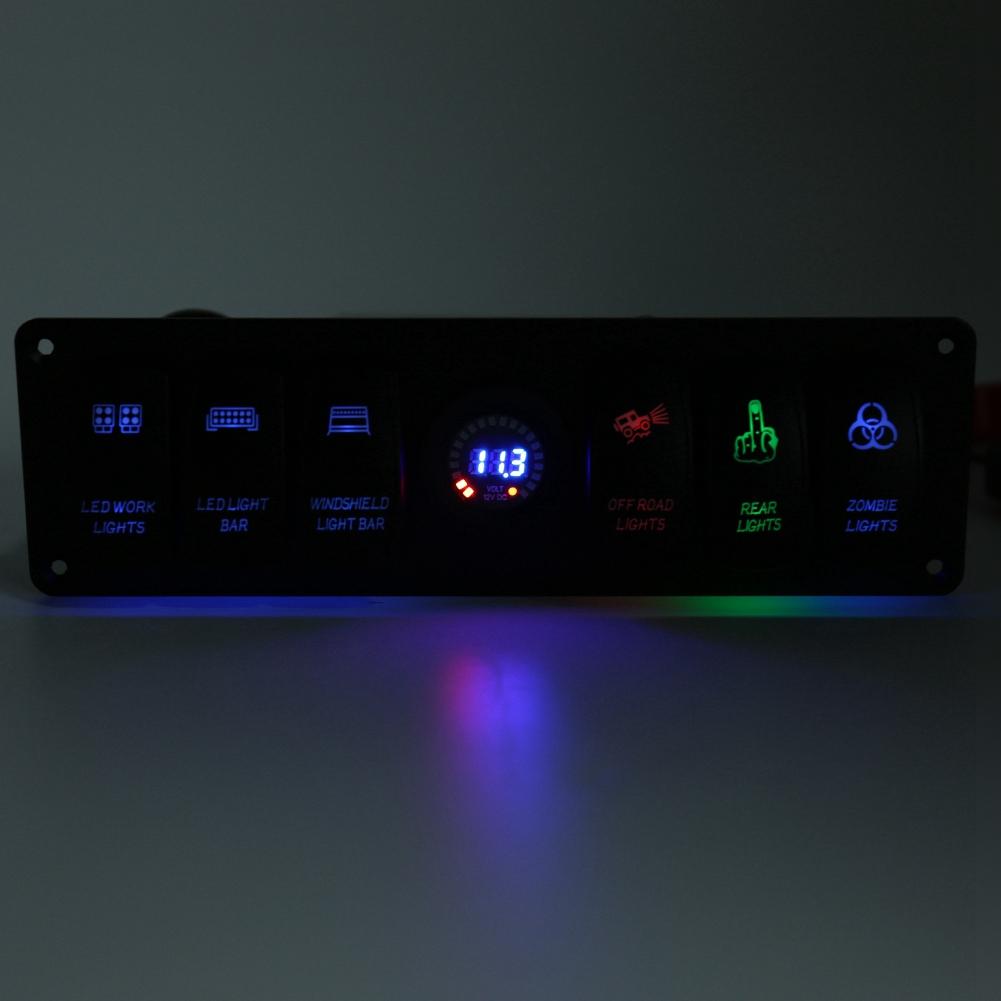 6 Gang Toggle Rocker Switch Panel Colorful LED Voltmeter for RV Car Marine Boat