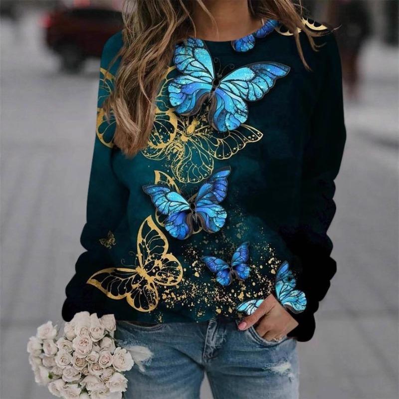 Modisches Retro 3D Schmetterlingsdruck Damen Casual Rundhals Langarm T-Shirt