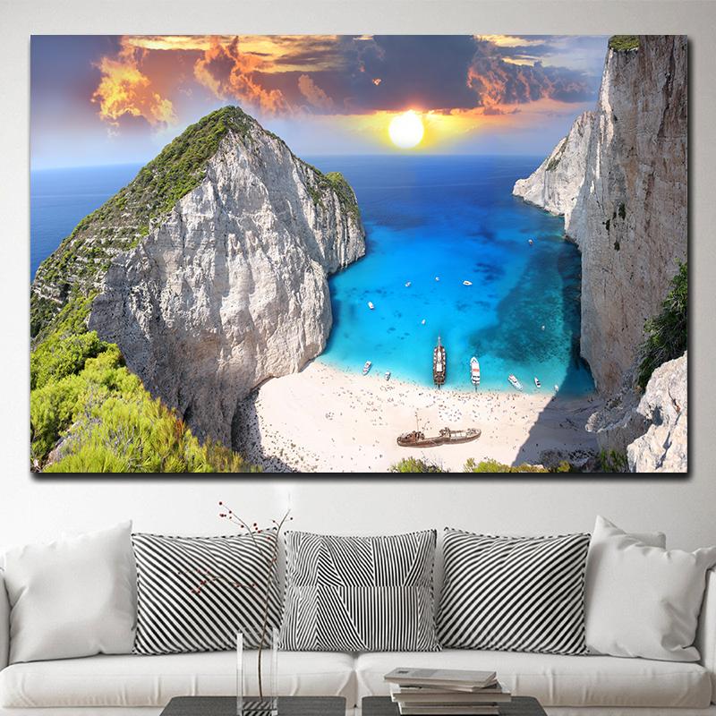 Zakynthos Island Greece Landscape Canvas Painting Navagio Beach Seascape Ocean Posters and Prints Wall Art Wall Decor Cuadros