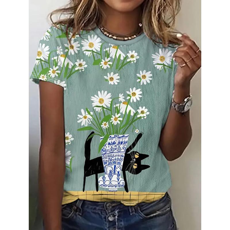 Summer Round Neck Women's T-shirt Fashionable 3D Flower Print Short Sleeved Casual Top Y Street Women's Clothing