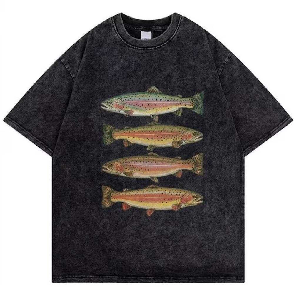 Vintage Washed Psychedelic Fish T-Shirt Colorful Artistic Graphic Tee Oversized Streetwear Hip Hop Casual Acid Wash Gray Top Men Daily Wear Cool Top