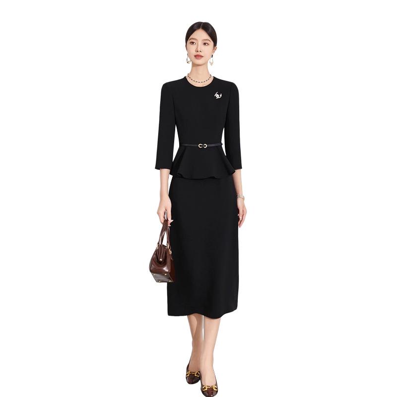 Elegant Black Slimming Ruffle Long Women's Dress Set - Spring/Autumn Formal OL Style