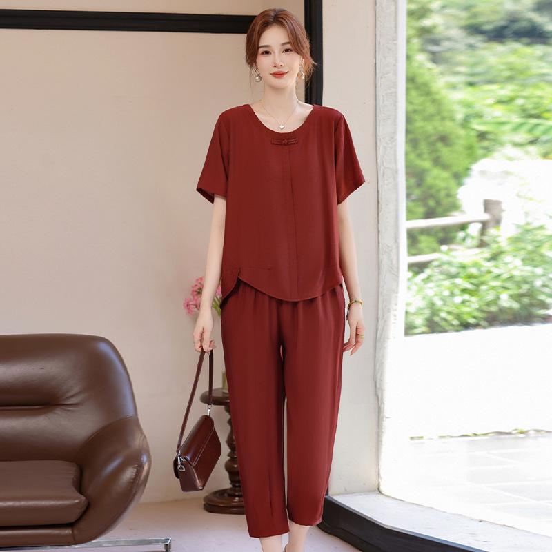Plus Size Summer Two-Piece Set for Mothers - Loose, Short Sleeve, National Style Fashion for Middle-Aged & Elderly Women