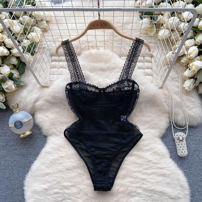 

Fashion Fashion Sexy Lace Lace Spaghetti-Strap V Neck Jumpsuit Silm Slimming Mesh Base All-Matching Jumpsuit Black S
