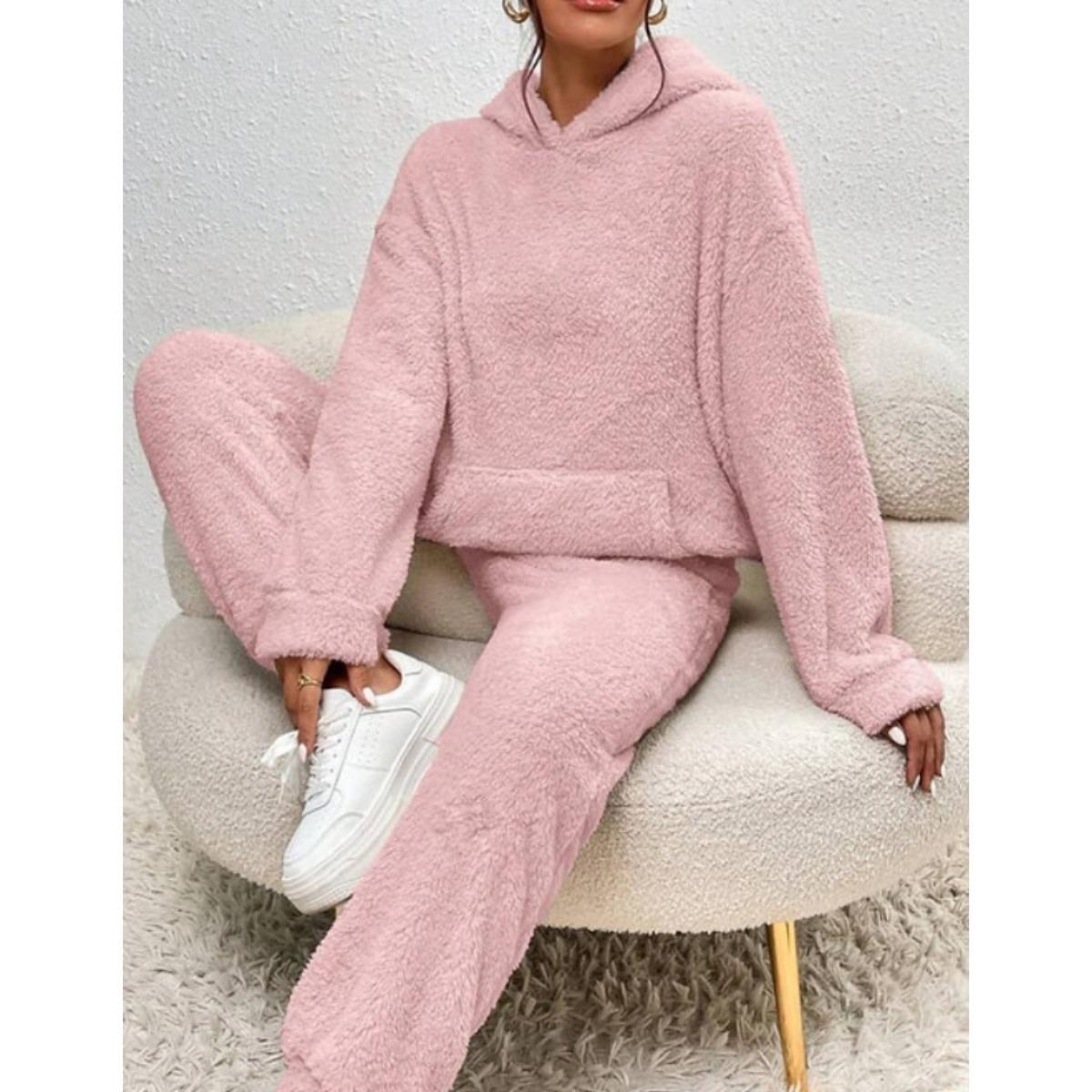 

Осенне-зимняя однотонная женская одежда, худи с длинным рукавом, накладной карман, повседневные брюки, домашний комплект из двух предметов XS розовый