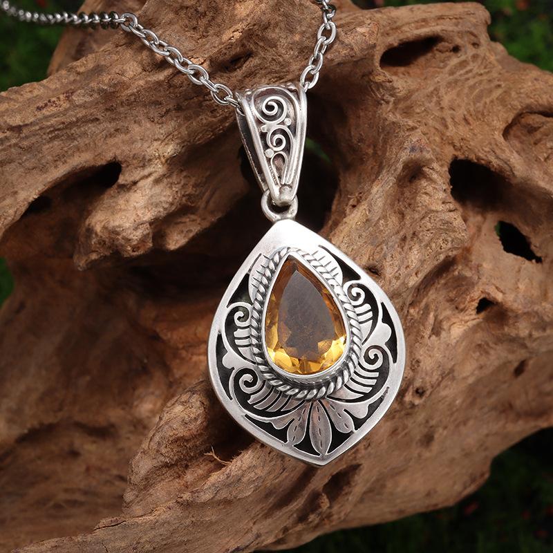 Water Droplet Shaped Hollow Carved Pendant Necklace, Inlaid with Zircon Retro Fashion Accessories Gift