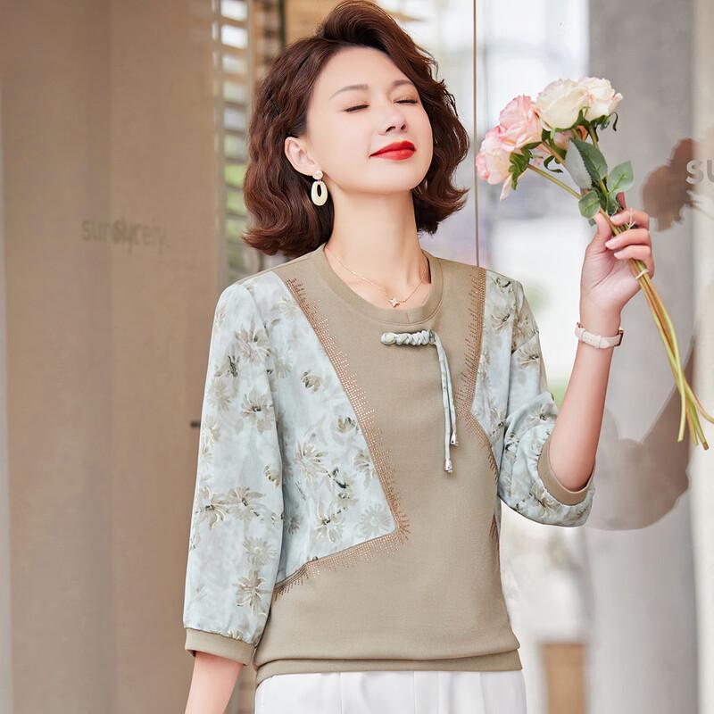 Pa Si Te Women's Chinese Style Patchwork Floral Seven-Sleeve T-Shirt