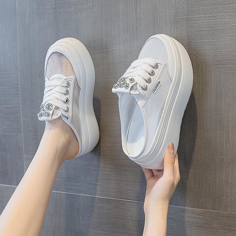 Baotou slippers women's shoes will be popular in 2025, breathable mesh yarn, rhinestone thick sole will increase by 8 cm, fashion trend is versatile