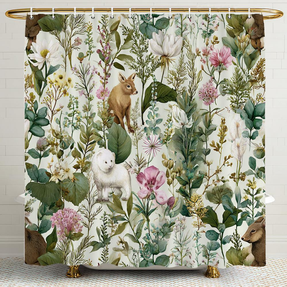 Flowers and plants cat pattern Shower Curtain, Bathroom Decorative Shower Curtain, Waterproof Shower Curtain with Hooks