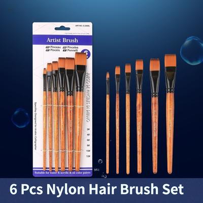 6 Pcs Paint Brushes Set Nylon Hair Flat Head Birch Short Rod Oil Painting Gouache Watercolor Acrylic Brush Art Materials