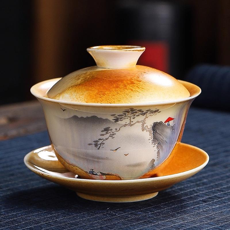 140ml Handbemalte Drei-Talente-Schale mit Deckel Keramik Landschaft Chinesischer Stil Teeschale Chinesischer Haushalt Unterglasurfarbene Teeschale