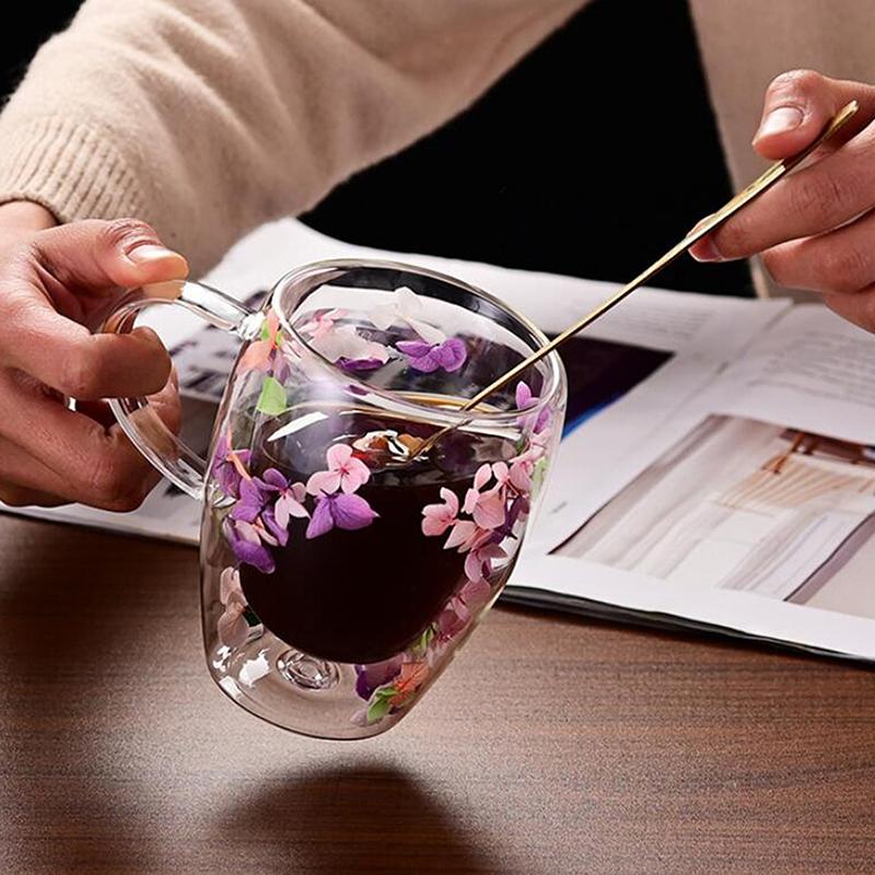 1 taza para té y café de vidrio de borosilicato de alta calidad Ins Trends, taza con flores secas y flores, taza de vidrio de doble pared resistente al calor simple