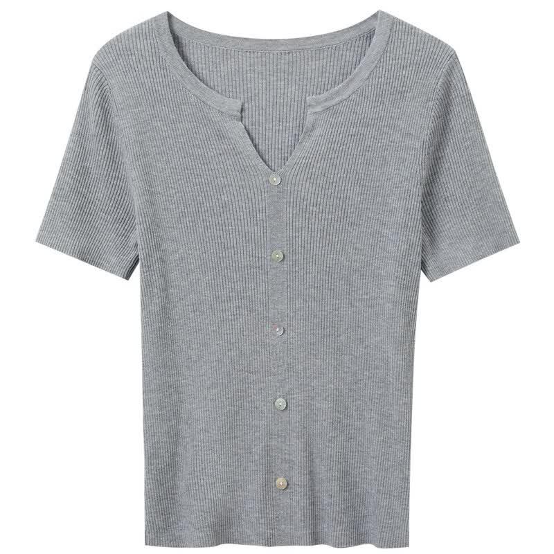 Sancai Women's Lyocell Blend V-Neck Slim Fit Knit Short Sleeve Top