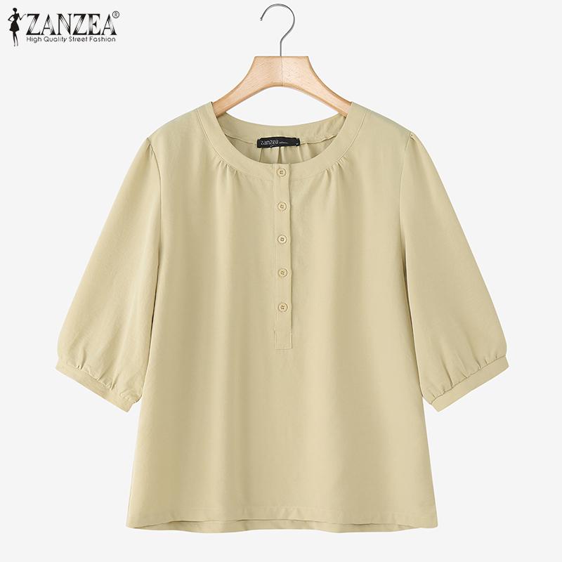 ZANZEA Damen Lässig Rundhals Locker 3/4 Ärmel Einfarbig Bluse