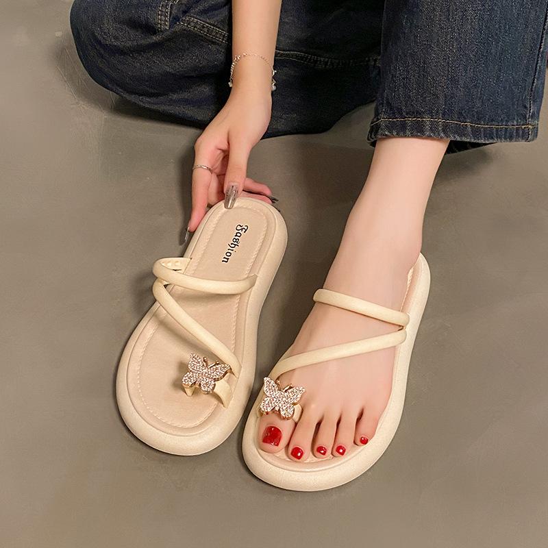 Fashion Women's Flop Flops Sandals Soft Low Square Heel Casual Slippers Ladies Leather Dress Rhinestone Beach Slide Shoes