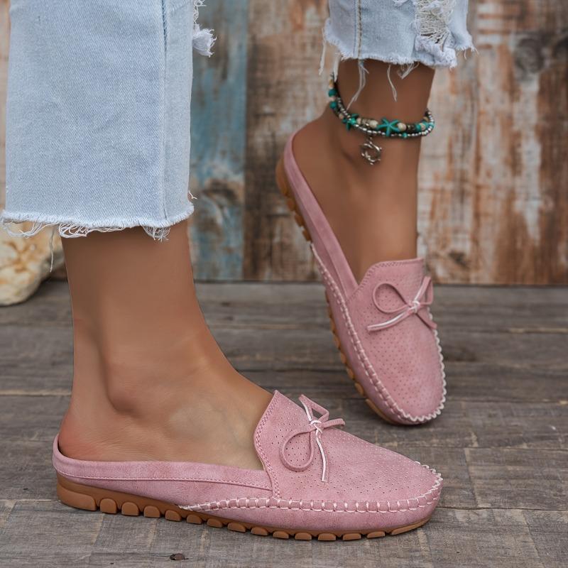 Women's Retro Bow Flat Mules - Soft, Comfortable, Breathable Slip-On Sandals in Pink Perforated PU Cover with TPR Sole and Fabric Lining