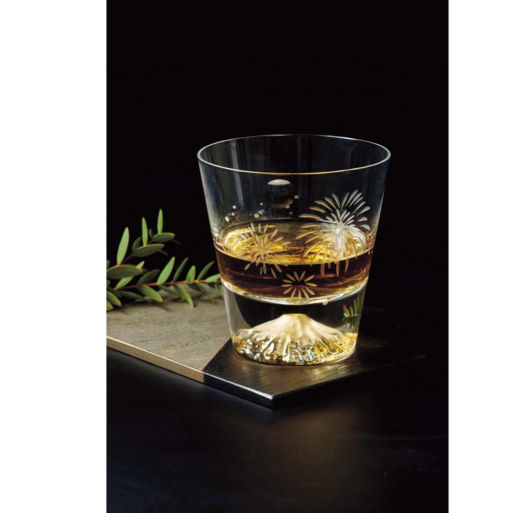 Tajima Glass Edo Glass Mt. Fuji Rocks Glass in Wooden Box (Moon and Fireworks)