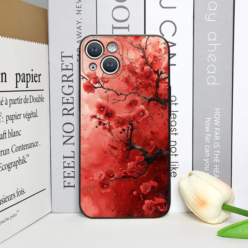 Retro Künstlerisches Rotes Blume Pflaumenblüte Muster Handyhülle für iPhone 17 16 12 11 14 Plus 13 15 Pro Max Mini X XS XR Weiche Hüllen