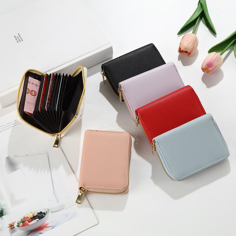 Women's Solid Color Accordion Card Holder - Lychee Pattern, Large Capacity, Multi-Card Slot, Simple Coin Purse Trend