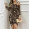 Women Plus Size Asymmetric Cold Shoulder Long Sleeve Dark Gold Leopard Print Irregular Wrap Bodycon Midi Dress