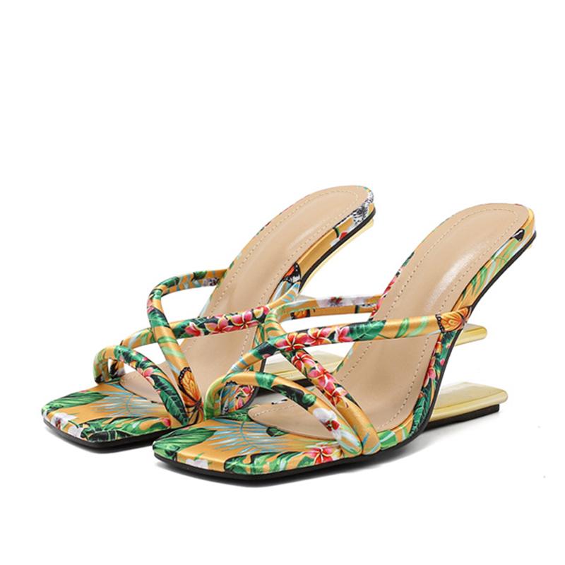 

Fashion Liyke Summer Fashion Colour Square Toe Metal Wedge Slippers Women Mules Slides Strange High Heels Banquet Party Shoes Size 35-42 39