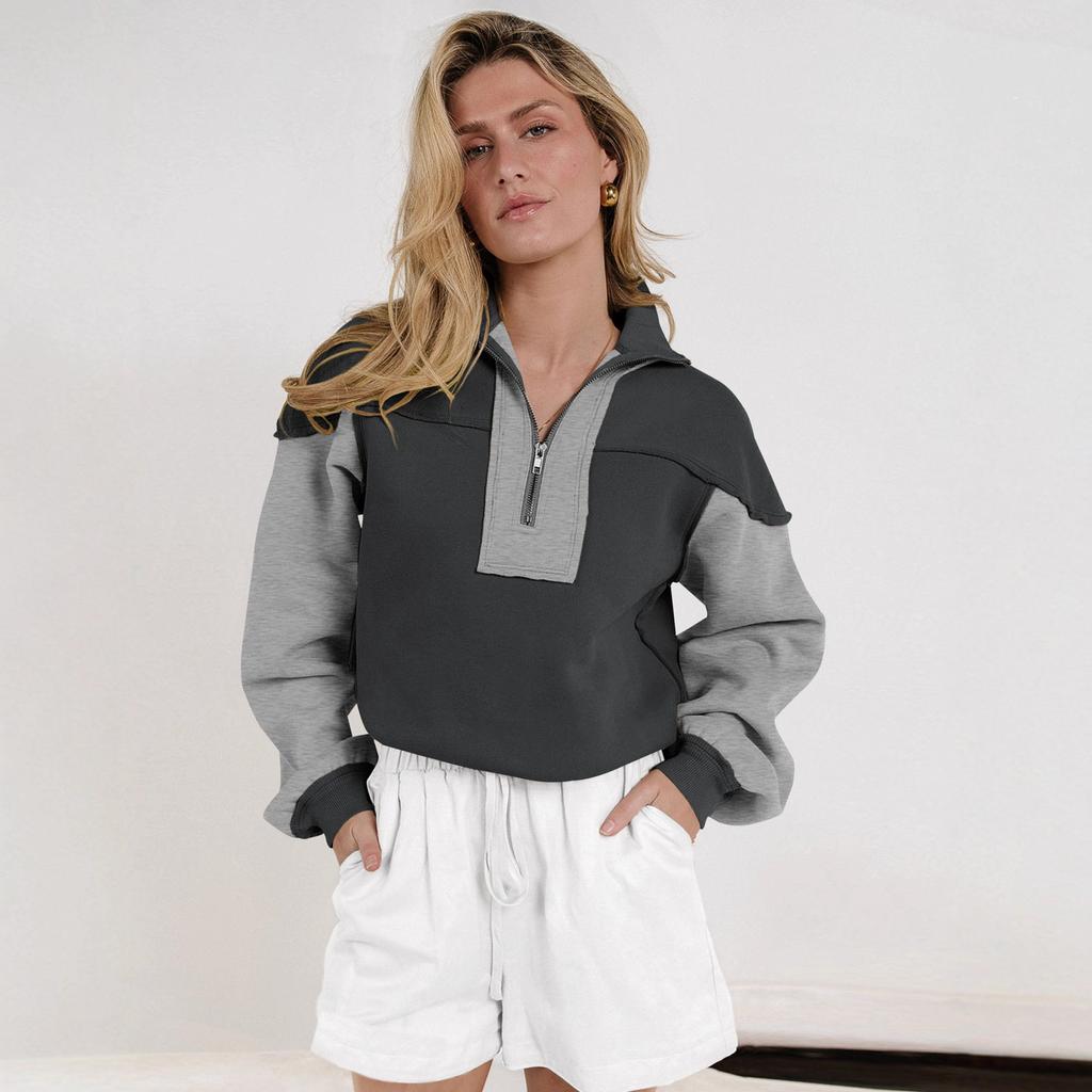 Hot-selling design style zipper contrasting colors loose decorative lines long sleeves autumn and winter trend sweater women