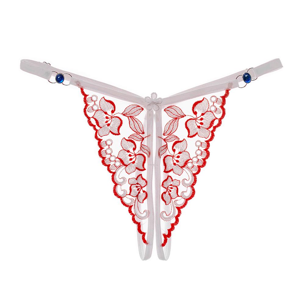 Erotic Panties Ladies Crotchless Thongs Adjustable Low Waist Sexy Embroidered Crotch Openning G-String See-Through Mesh Hollow