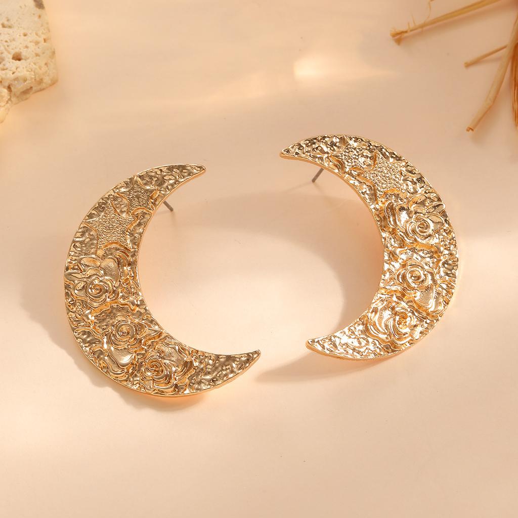 Beach Ocean Vacation Style Crescent Moon Simple Fashion Earrings Retro Carved Flower Female Earrings