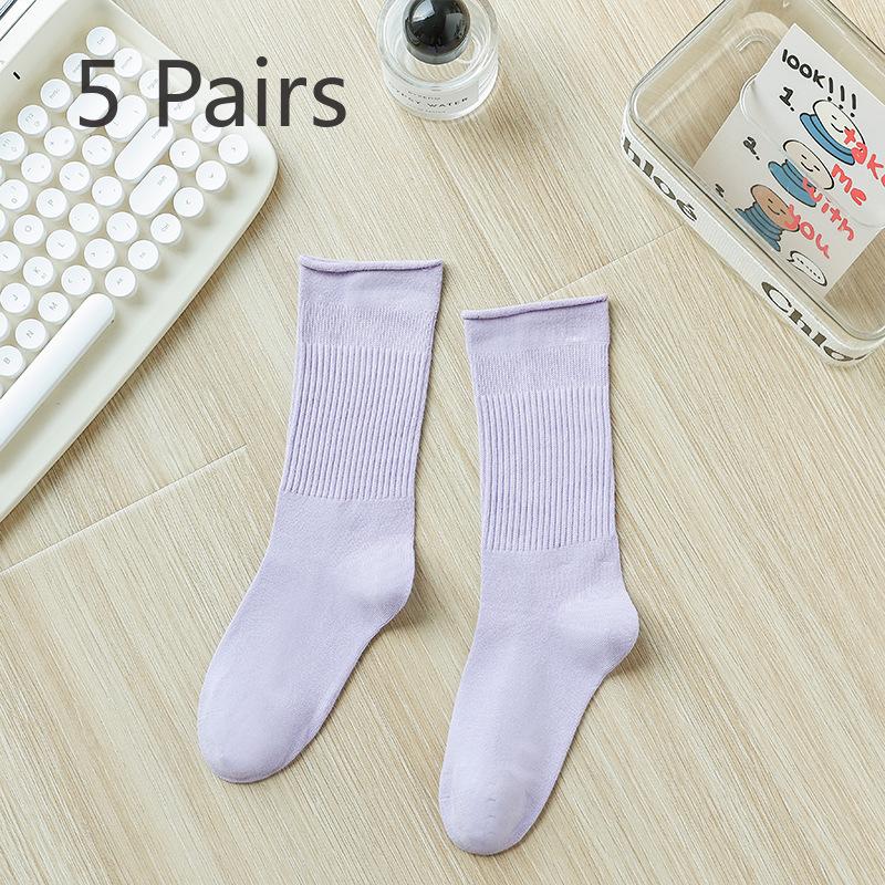 5 Pairs of Medium Length Pure Cotton Socks That Are Versatile for Women In Autumn and Winter